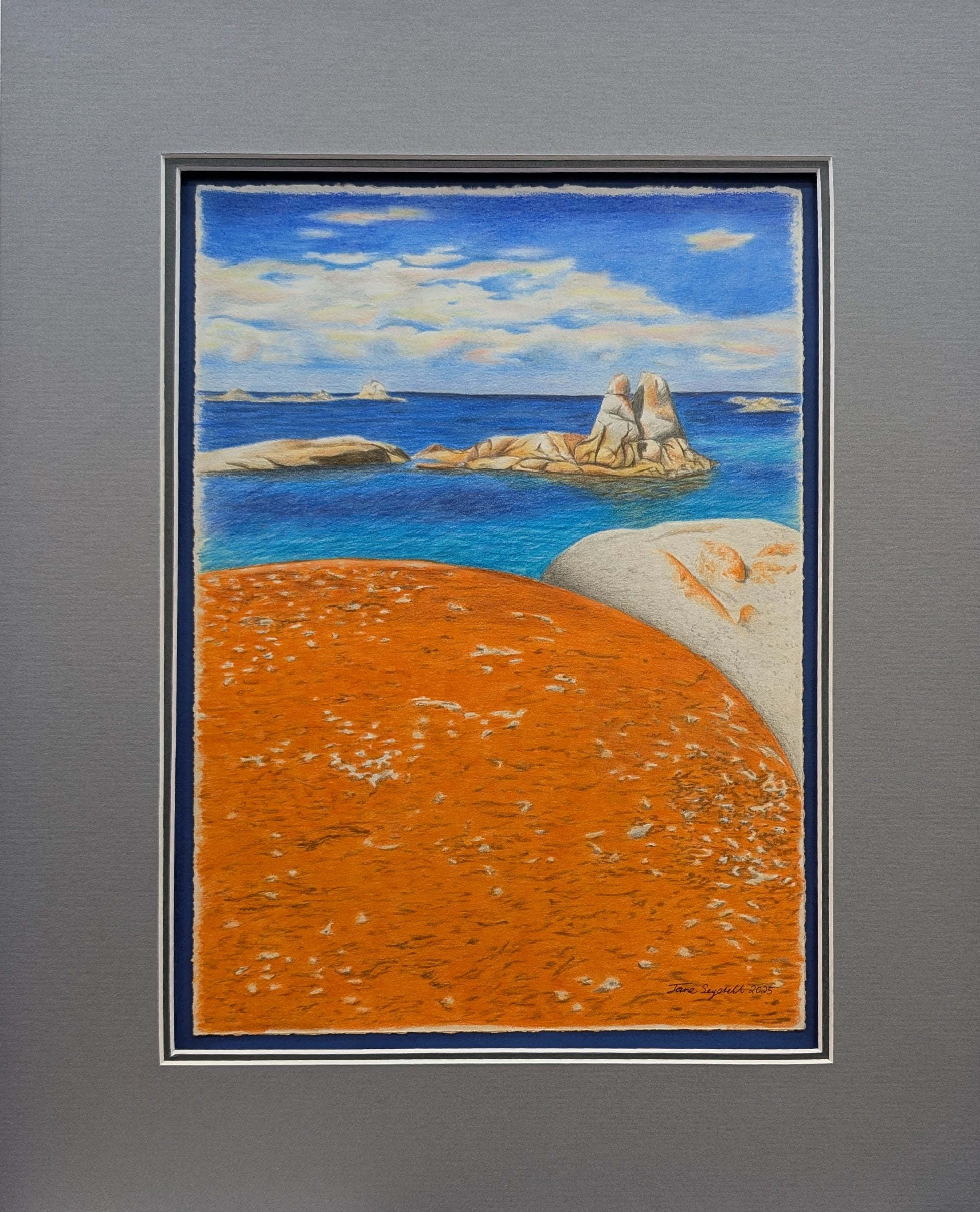 Artistic depiction of a coastal scene with orange rocks, blue water, and white clouds on a gray background.