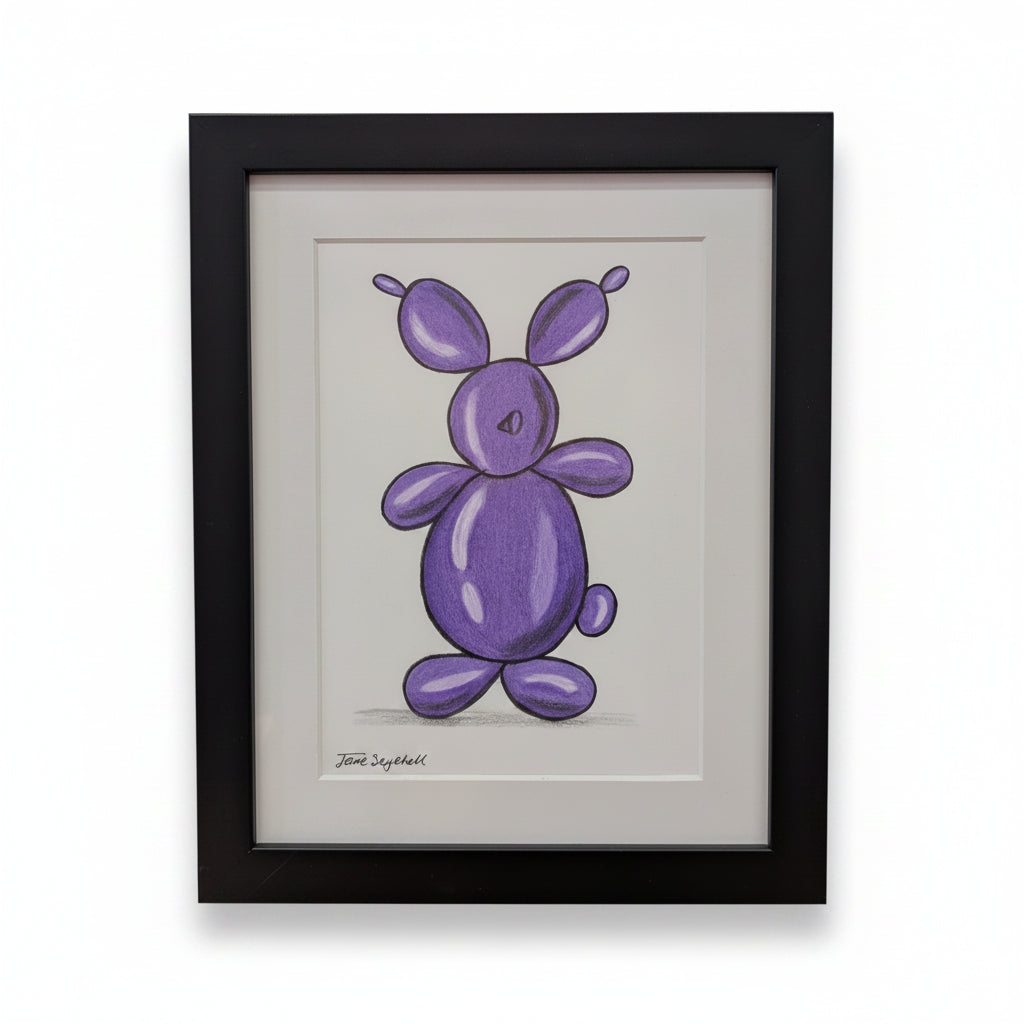 Framed artwork of a purple balloon bunny on a white background in a black frame.