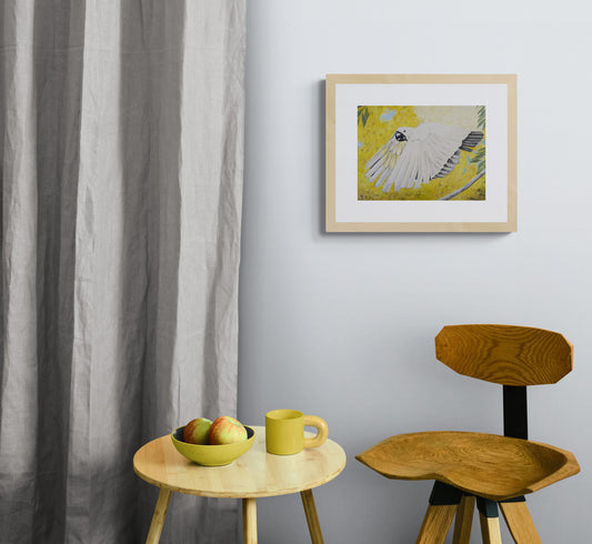 Flying sulphur crested cockatoo - Colour Pencil Original Framed